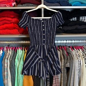 Davi & Dani navy/white print off the shoulder smocked wrap front romper S NWT